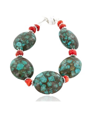 Certified Authentic Navajo .925 Sterling Silver Composite Turquoise Coral Native American Bracelet 12892-4