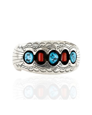 Certified Authentic Navajo .925 Sterling Silver Coral Turquoise Signed BENALLY Native American Bracelet 1293