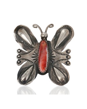 Certified Authentic Butterfly Handmade Navajo .925 Sterling Silver Natural Spiny Oyster Native American Pin and Pendant 14557