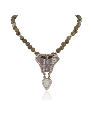 Certified Authentic Butterfly .925 Sterling Silver Handmade Navajo Natural Abalone Agate Native American Necklace 14752-15585