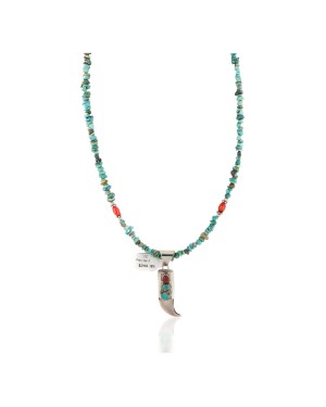 Certified Authentic .925 Sterling Silver Navajo Coral Natural Turquoise Claw Native American Necklace 14758-16029-6