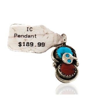 .925 Sterling Silver Snake Certified Authentic Zuni Coral Natural Turquoise Native American Pendant 14922-1