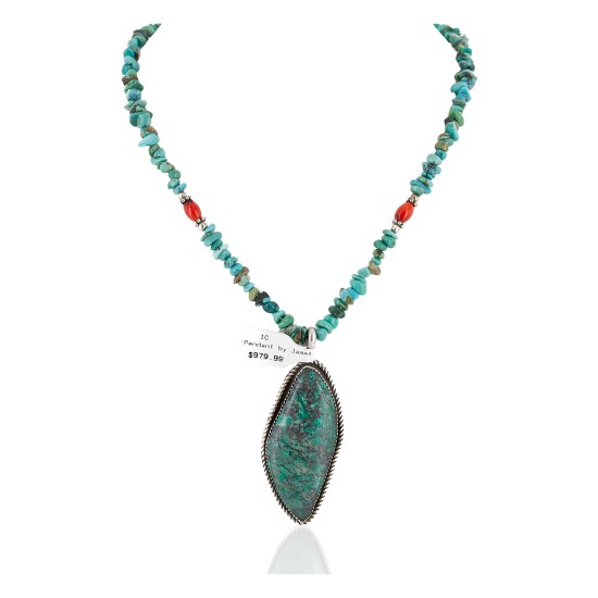 .925 Sterling Silver Handmade Certified Authentic Navajo Natural and Blood Turquoise Coral Native American Necklace 14942-16029-4