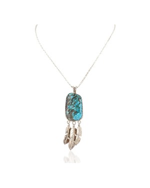 Feather Certified Authentic .925 Sterling Silver Handmade Navajo Natural Turquoise Native American Necklace 14990