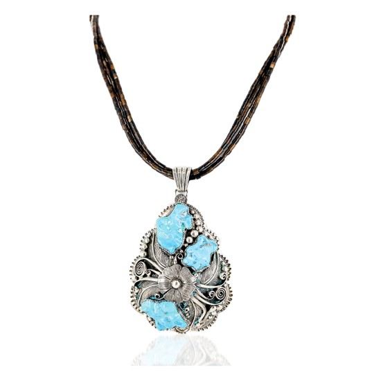 .925 Sterling Silver Handmade Flower Certified Authentic Navajo Signed By AB Turquoise Pendant Native American Necklace 15022-15684