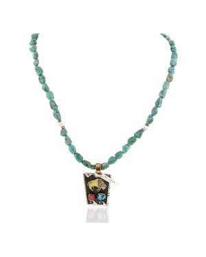 12kt Gold Filled .925 Sterling Silver Buffalo Handmade Certified Authentic Navajo White and Turquoise Coral Native American Necklace 1507-8-15781