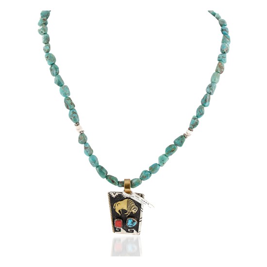12kt Gold Filled .925 Sterling Silver Buffalo Handmade Certified Authentic Navajo White and Turquoise Coral Native American Necklace 1507-8-15781 12kt Gold Filled .925 Sterling Silver Buffalo Handmade Certified Authentic Navajo White and Turquoise Coral Native American Necklace 1507-8-15781