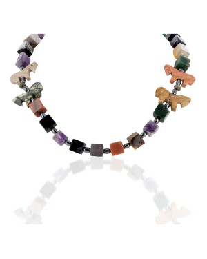Certified Authentic Carved Horse Navajo .925 Sterling Silver Natural Black Onyx Tigers Eye Amethyst Jasper Hematite Native American Necklace 15422-1