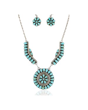 Handmade Certified Authentic Navajo .925 Sterling Silver Natural Turquoise Set Native American Necklace Earrings 15749-17945