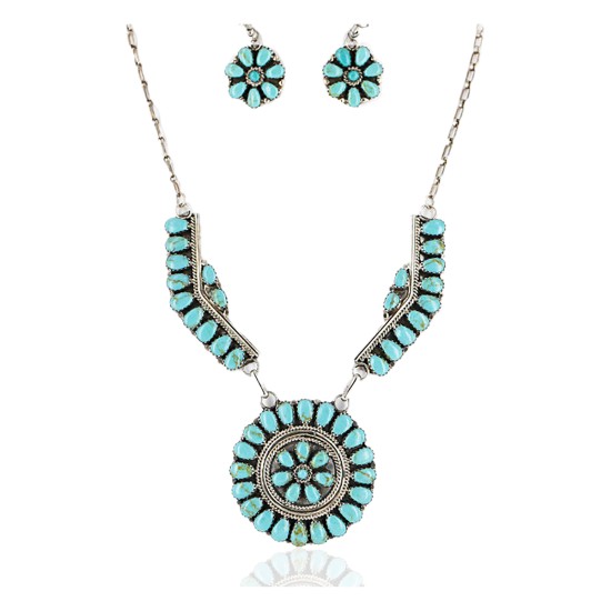 Handmade Certified Authentic Navajo .925 Sterling Silver Natural Turquoise Set Native American Necklace Earrings 15749-17945