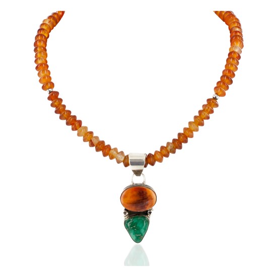 Certified Authentic Signed by Shay Navajo .925 Sterling Silver Natural Turquoise Spiny Oyster Agate Native American Necklace 15750-15685
