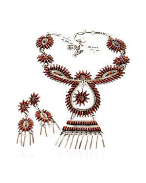 Large Petit Point Handmade Certified Authentic Signed by JL Zuni .925 Sterling Silver Natural Spiny Oyster Native American Necklace and Earrings Set 15752-17712