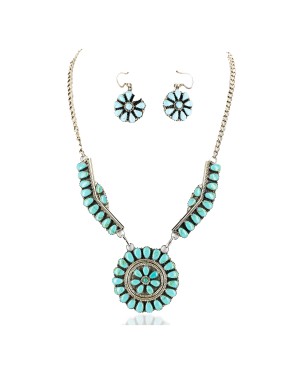 Handmade Certified Authentic Navajo .925 Sterling Silver Natural Turquoise Set Native American Necklace Earrings 15789-14644