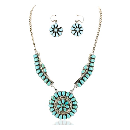 Handmade Certified Authentic Navajo .925 Sterling Silver Natural Turquoise Set Native American Necklace Earrings 15789-14644