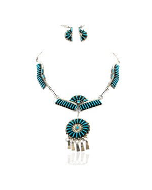 Petit Point Handmade Certified Authentic Zuni .925 Sterling Silver Turquoise Set Native American Necklace Earrings 15790-17946