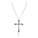 .925 Sterling Silver Handmade Cross Signed Navajo Coral Natural Turquoise Tigers Eye Black Onyx Malachite Native American Necklace 15836