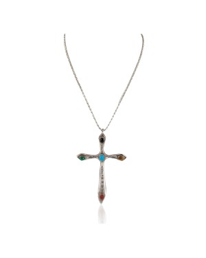 .925 Sterling Silver Handmade Cross Certified Authentic Signed Navajo Coral Natural Turquoise Tigers Eye Black Onyx Malachite Native American Necklace 15836