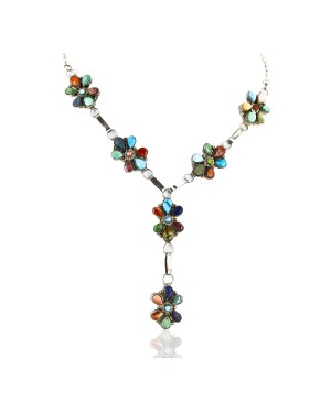 Petit Point Handmade Certified Authentic Zuni .925 Sterling Silver Multicolor Stones and Turquoise Native American Necklace 15903