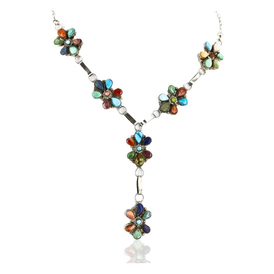 Petit Point Handmade Certified Authentic Zuni .925 Sterling Silver Multicolor Stones and Turquoise Native American Necklace 15903
