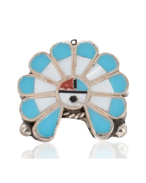 Certified Authentic Handmade Navajo .925 Sterling Silver Coral Natural Turquoise Mother of Pearl Native American Pin and Pendant 16036