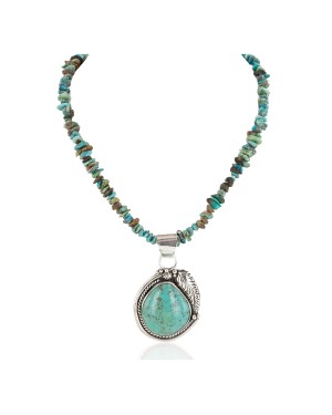 .925 Sterling Silver Handmade Certified Authentic Navajo Turquoise Native American Necklace 14987-16070