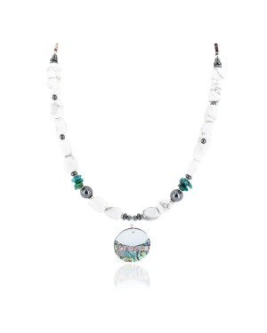 Certified Authentic Navajo .925 Sterling Silver White Howlite Abalone Hematite Native American Necklace 16090-1