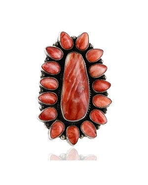 Handmade Certified Authentic Flower Signed Navajo .925 Sterling Silver Spiny Oyster Native American Ring  16421