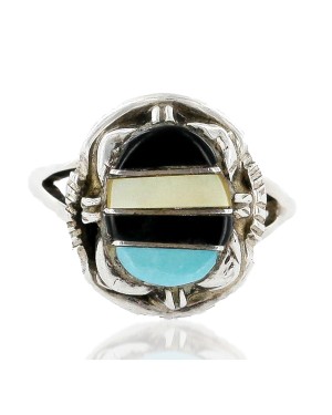 Handmade Certified Authentic Navajo Signed .925 Sterling Silver Inlaid Natural Turquoise Black Onyx and Mother of Pearl Native American Ring  16481