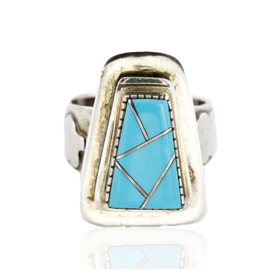 Handmade Certified Authentic Navajo .925 Sterling Silver Signed Inlaid Natural Turquoise Native American Ring  16516