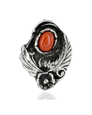 Handmade Certified Authentic Flower Navajo Coral Native American Ring  1657