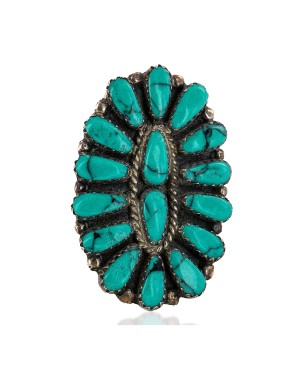 Zuni .925 Sterling Silver Certified Authentic Handmade Signed Petit Point Natural Turquoise Native American Ring 16696