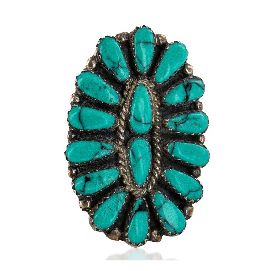 Zuni .925 Sterling Silver Certified Authentic Handmade Signed Petit Point Natural Turquoise Native American Ring 16696