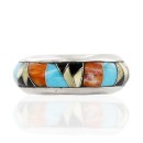Handmade Signed Navajo Inlaid .925 Sterling Silver Natural Turquoise Black Onyx Spiny Oyster and Mother of Pearl Native American Ring 16710