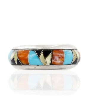 Handmade Signed Certified Authentic Navajo Inlaid .925 Sterling Silver Natural Turquoise Black Onyx Spiny Oyster and Mother of Pearl Native American Ring  16710