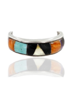 Handmade Certified Authentic Navajo Inlaid .925 Sterling Silver Natural Turquoise Black Onyx Spiny Oyster and Mother of Pearl Native American Ring  16784
