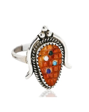 Handmade Certified Authentic Zuni Signed .925 Sterling Silver Inlaid Natural Turquoise Black Onyx Spiny Oyster and Lapis Multicolor Native American Ring  16798