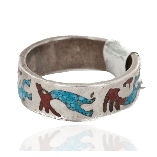 .925 Sterling Silver Handmade Certified Authentic Navajo Coral and Natural Turquoise Native American Ring  16872