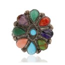 Petit Point Handmade Zuni .925 Sterling Silver Natural Turquoise and Multicolor Native American Ring 16881