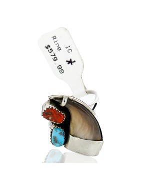 Handmade Certified Authentic Claw Signed Navajo .925 Sterling Silver Natural Turquoise and Coral Native American Ring  16925