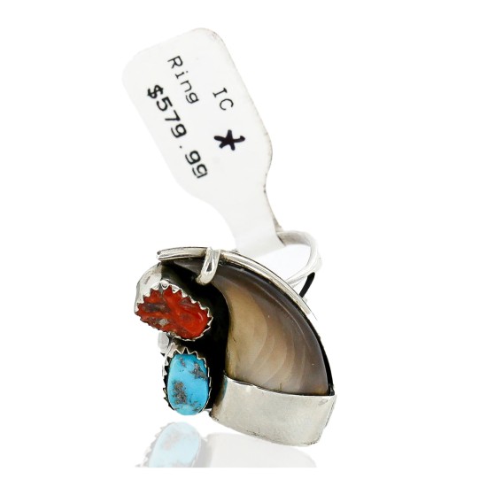 Handmade Certified Authentic Claw Signed Navajo .925 Sterling Silver Natural Turquoise and Coral Native American Ring 16925 Handmade Certified Authentic Claw Signed Navajo .925 Sterling Silver Natural Turquoise and Coral Native American Ring 16925