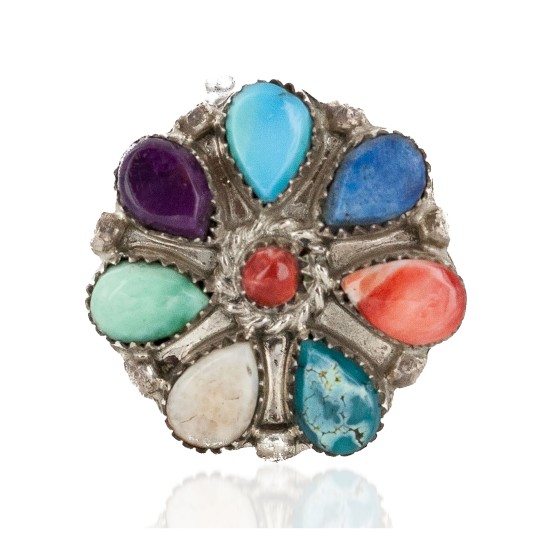 Petit Point Handmade Certified Authentic Zuni .925 Sterling Silver Natural Turquoise and Multicolor Native American Ring  16942-1