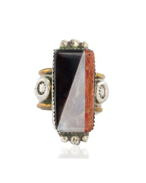.925 Sterling Silver Handmade Certified Authentic Navajo Inlay Natural Black Onyx Jasper Mother of Pearl Native American Ring  17007-1