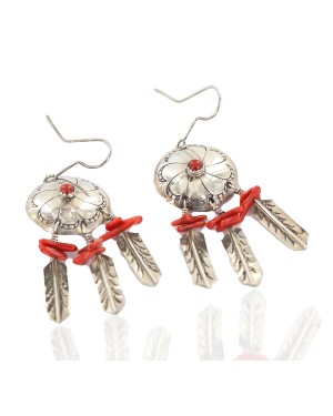 Certified Authentic Handmade .925 Sterling Silver Navajo Dream Catcher Coral Native American Dangle Earrings 17571