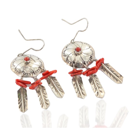 Certified Authentic Handmade .925 Sterling Silver Navajo Dream Catcher Coral Native American Dangle Earrings 17571