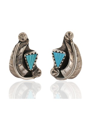 Certified Authentic Feather Navajo .925 Sterling Silver Turquoise Native American Stud Earrings 17598