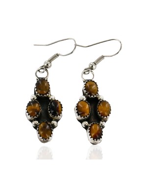 Certified Authentic Handmade T.Yazzie Navajo .925 Sterling Silver Dangle Native American Earrings Natural Tigers Eye 17892