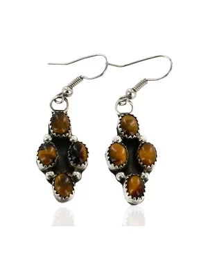 Handmade T.Yazzie Navajo .925 Sterling Silver Dangle Native American Earrings Natural Tigers Eye 17892