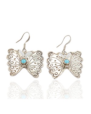 .925 Sterling Silver Handmade Butterfly Certified Authentic Signed Navajo Natural Turquoise Native American Earrings 17896