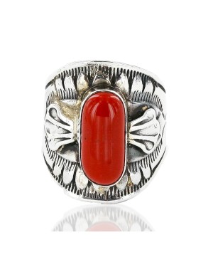 Handmade Certified Authentic Navajo .925 Sterling Silver Coral Native American Ring  17906