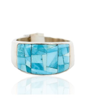 Handmade Certified Authentic Mosaic Inlay Signed Navajo .925 Sterling Silver Natural Turquoise Native American Ring  17923